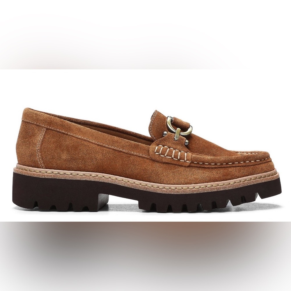 Donald Pliner‎ Helio Suede Bit Buckle Lug Sole Loafers in Saddle Women Size:5.5